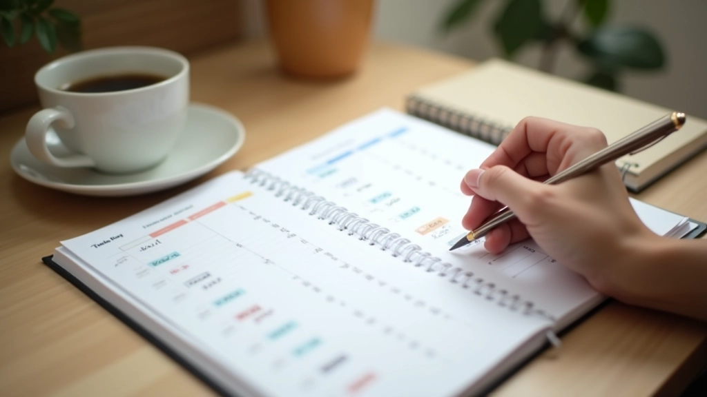 Clean desk with organized planner, coffee cup, and notebook showing daily time blocks