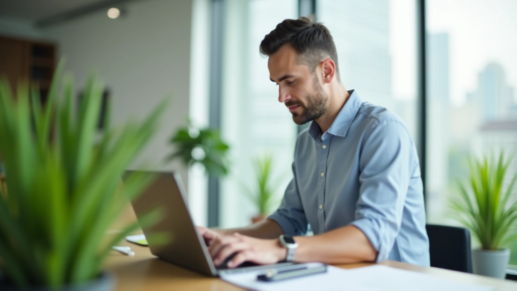 Person working at standing desk with plants, natural light, focused and balanced environment