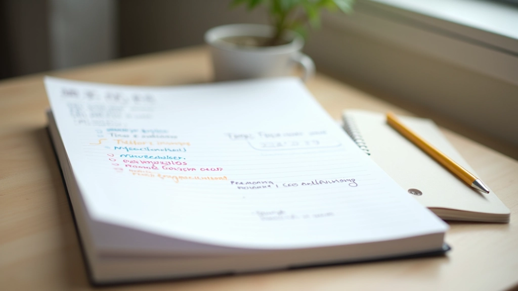 Notebook with different scheduling methods written out with colored pens on wooden desk