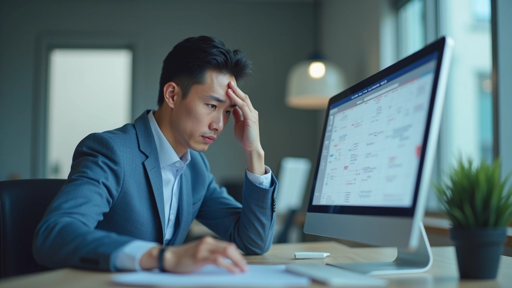 Frustrated person at desk looking at overbooked calendar on computer screen