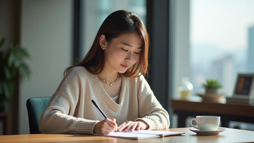 Person writing in notebook with coffee and focused expression at wooden desk